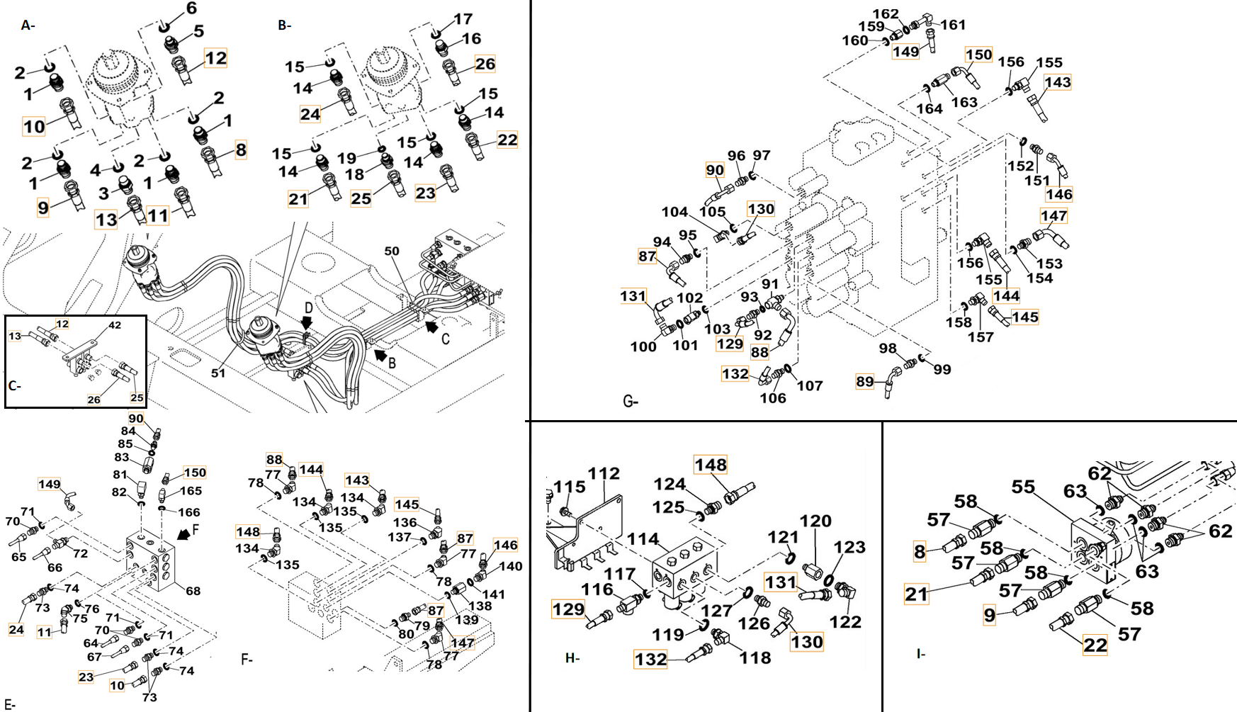 Case CX250C LC installation diagram showing hydraulic hose 168025A1 at Pipe No. A8-I8