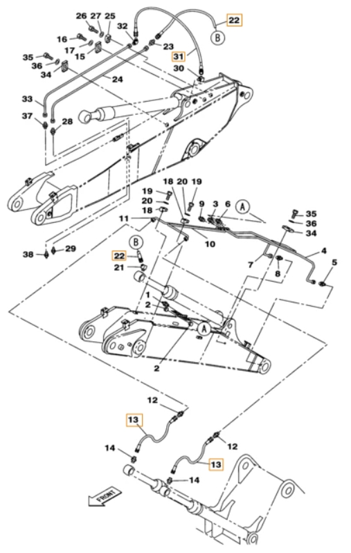 Case CX230B installation diagram showing hydraulic hose KHJ2048 at Pipe No. 22