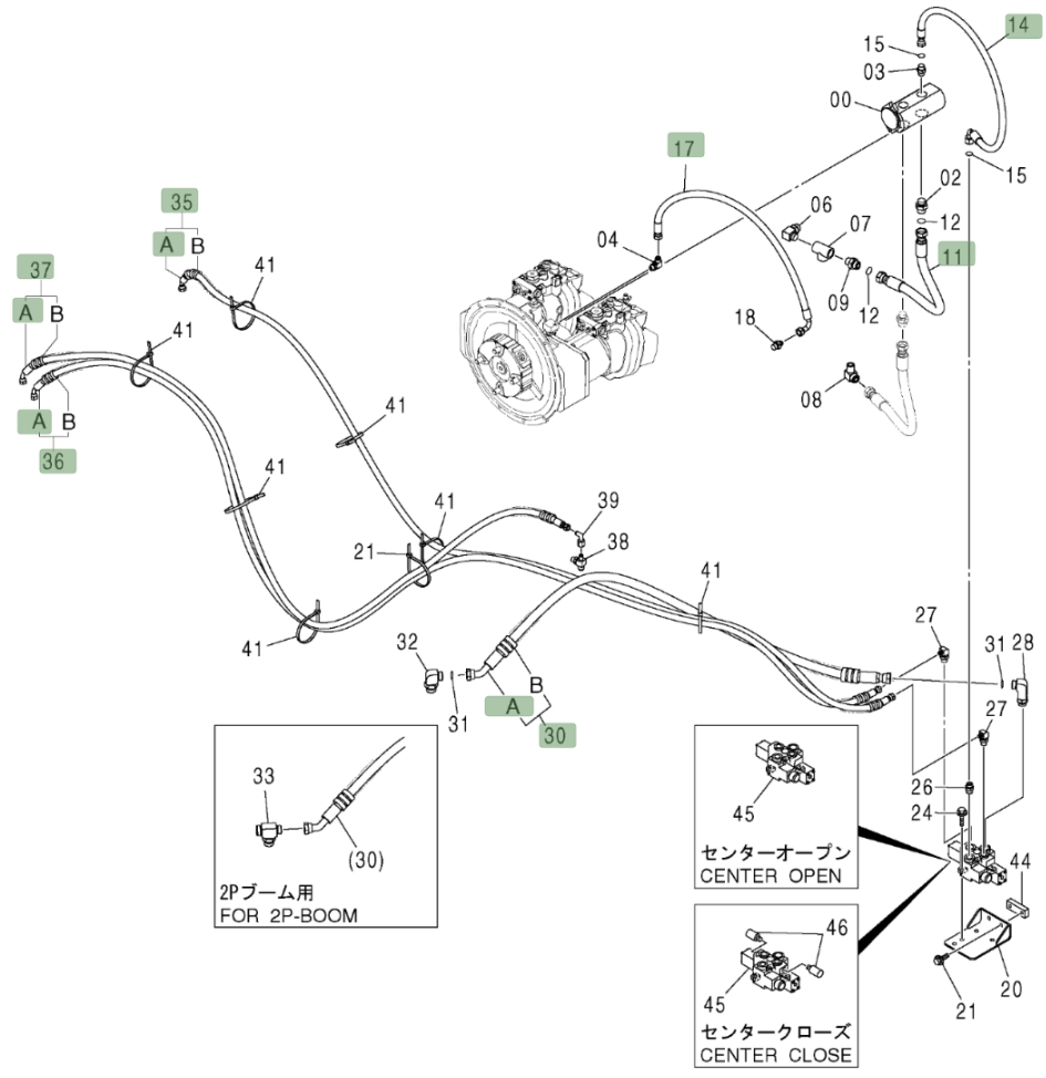 Hitachi ZX370 installation diagram showing hydraulic hose 4323278 at Pipe No. 11