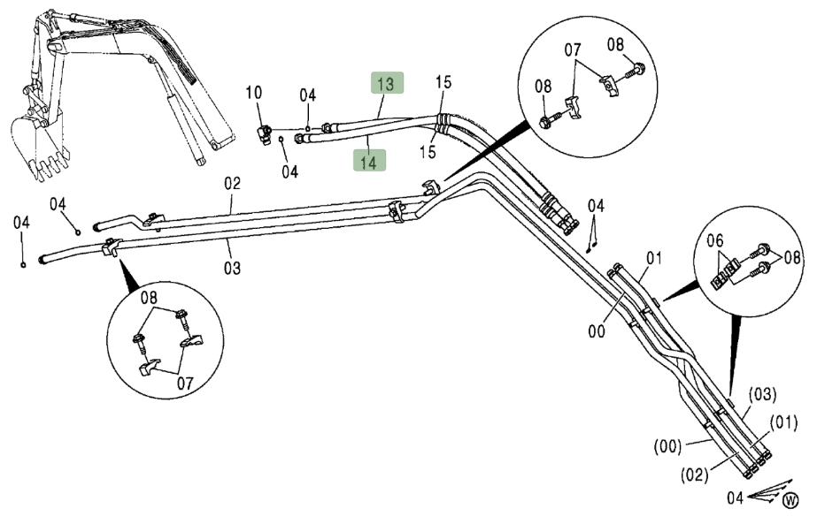 Hitachi ZX75US installation diagram showing hydraulic hose 4452858 at Pipe No. 14