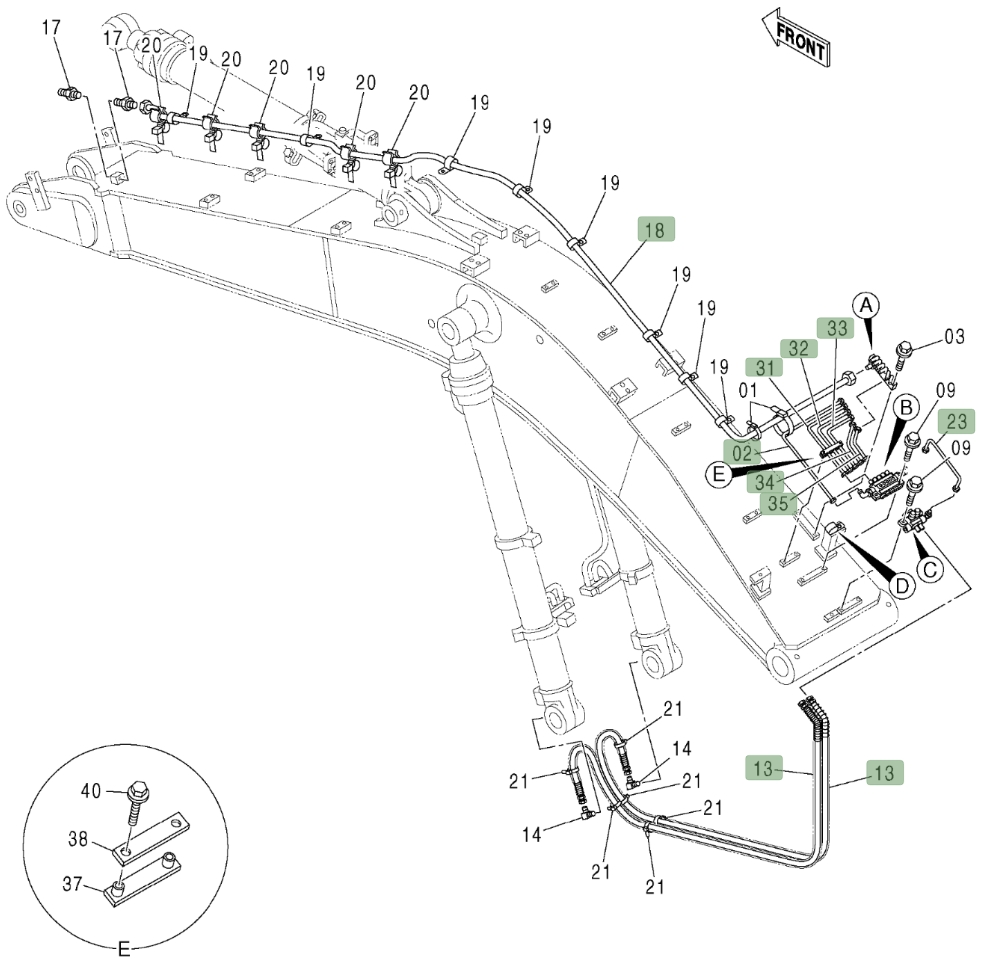 Hitachi ZX450LC installation diagram showing hydraulic hose 4607460 at Pipe No. 35