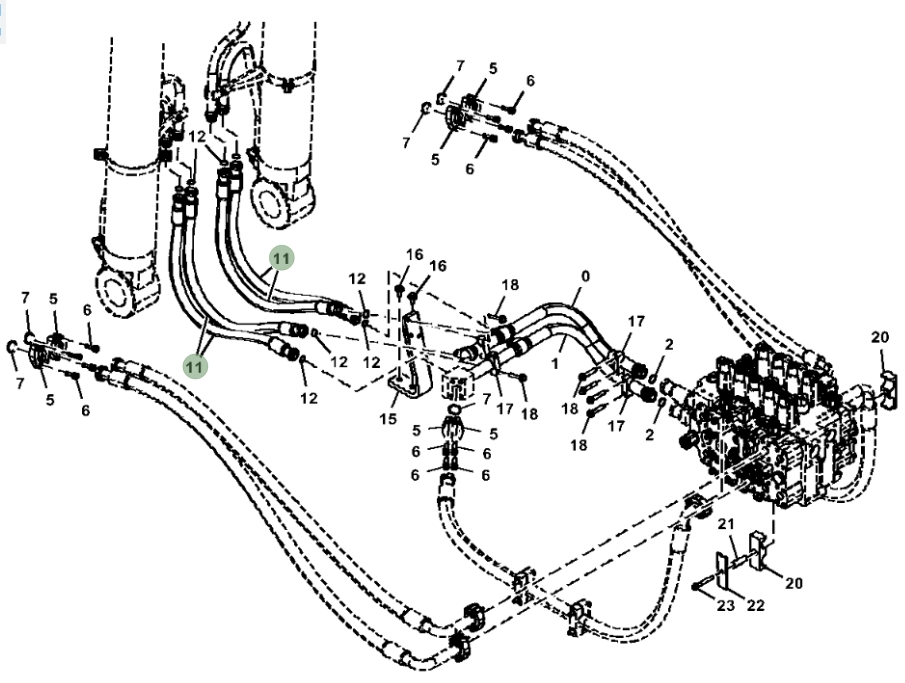 Hitachi ZX470LC-5G installation diagram showing hydraulic hose 4636821 at Pipe No. 11