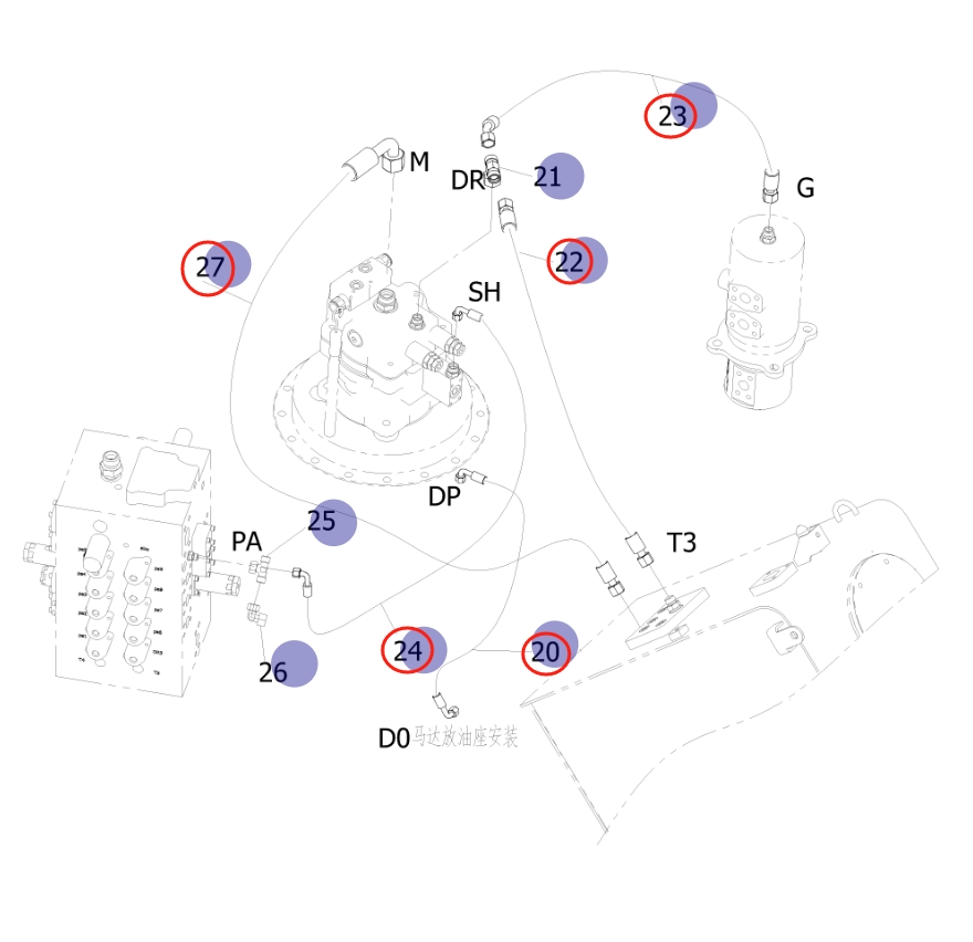 Sunward SWE155F installation diagram showing hydraulic hose 730502000345 at Pipe No. 24