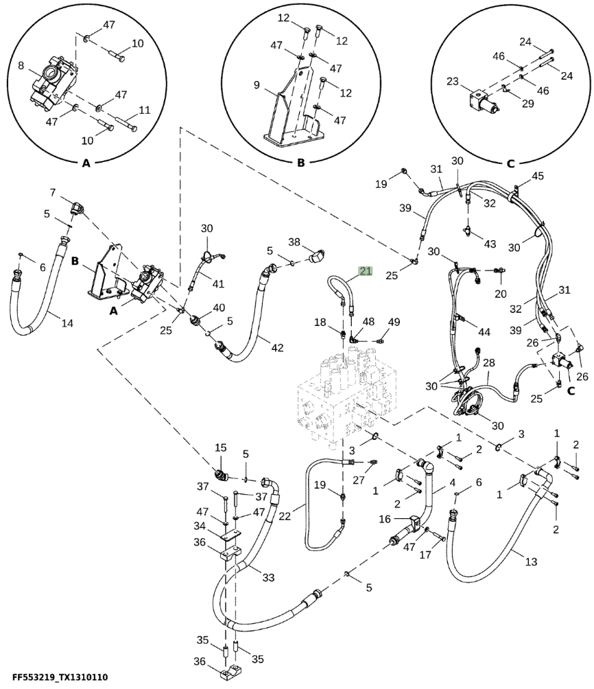 Hitachi ZX160LC-6N installation diagram showing hydraulic hose 4695670 at Pipe No. 21