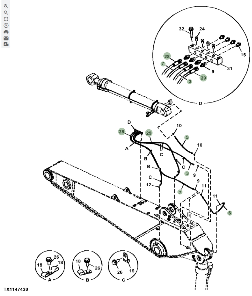 Hitachi ZX670LC-5G installation diagram showing hydraulic hose 4260312 at Pipe No. 29