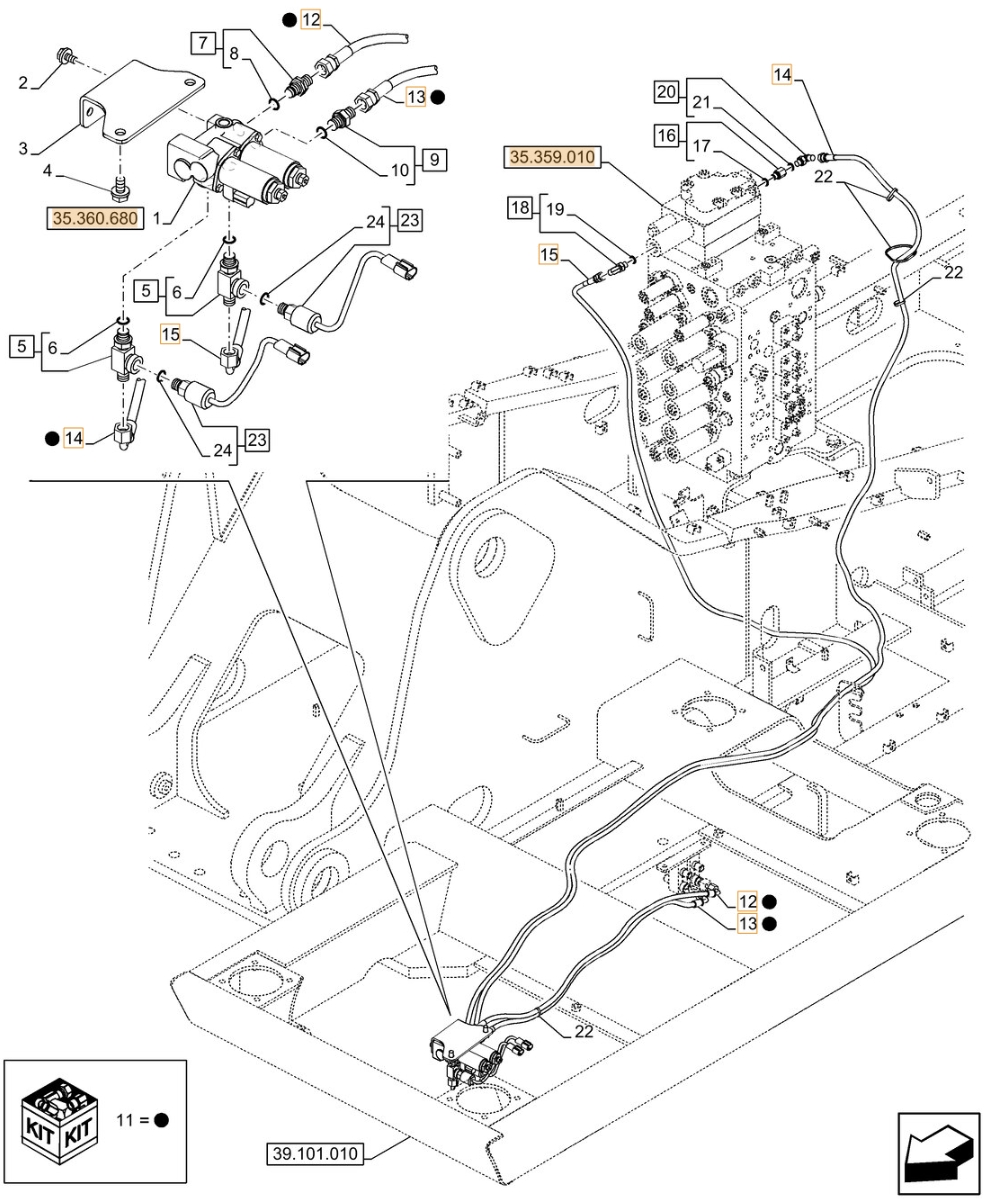 Case CX210D NLC installation diagram showing hydraulic hose KHJ2088 at Pipe No. 13