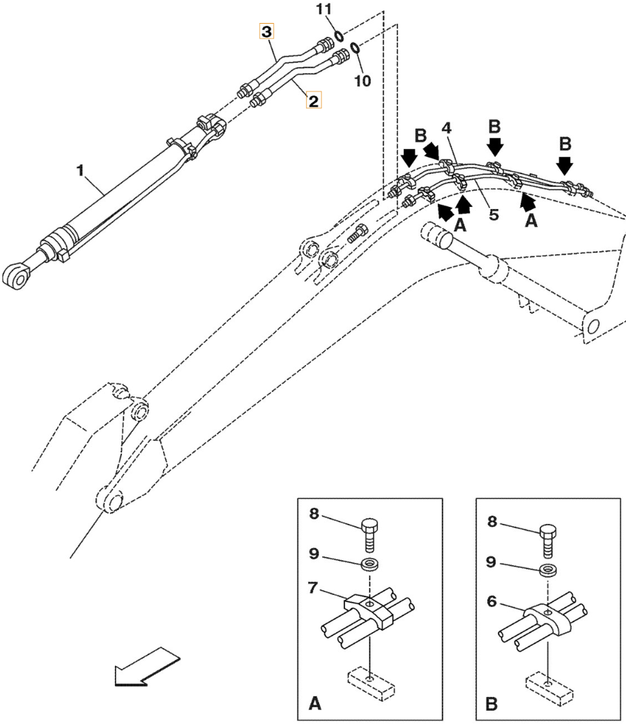 Case CX290 installation diagram showing hydraulic hose KRV2405 at Pipe No. 2