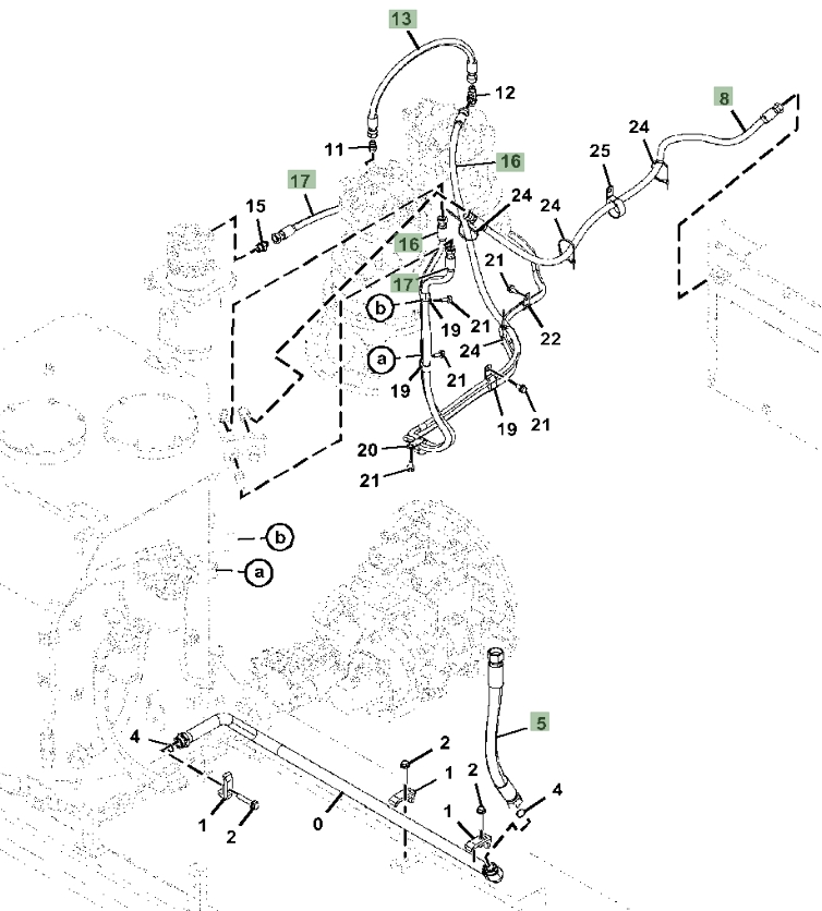 Hitachi ZX470-5A installation diagram showing hydraulic hose 4305142 at Pipe No. 17