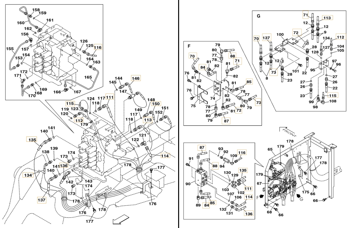 Case CX160 installation diagram showing hydraulic hose 167873A1 at Pipe No. 70