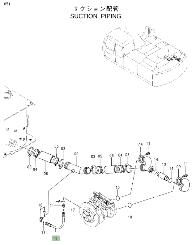 Hitachi EX370-5 installation diagram showing hydraulic hose 4197724 at Pipe No. 19