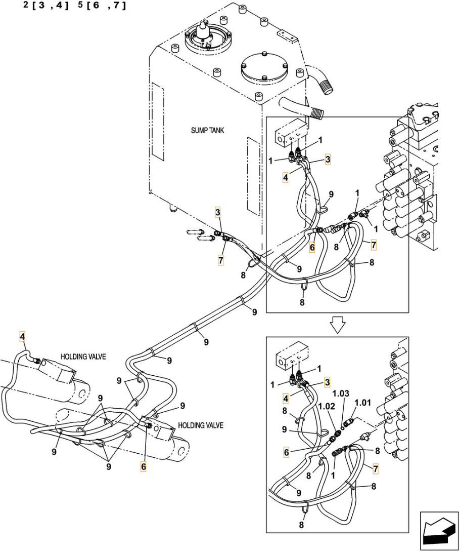 Case CX260C LC installation diagram showing hydraulic hose KHJ2249 at Pipe No. 3