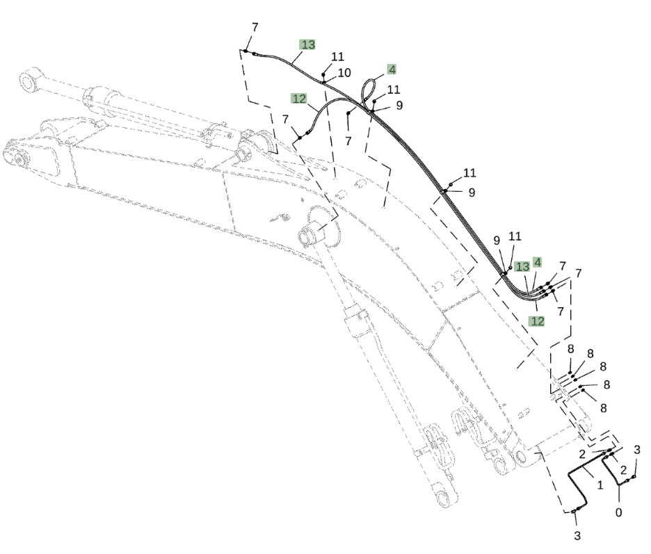 Hitachi ZX210LC-5N installation diagram showing hydraulic hose 4483563 at Pipe No. 12