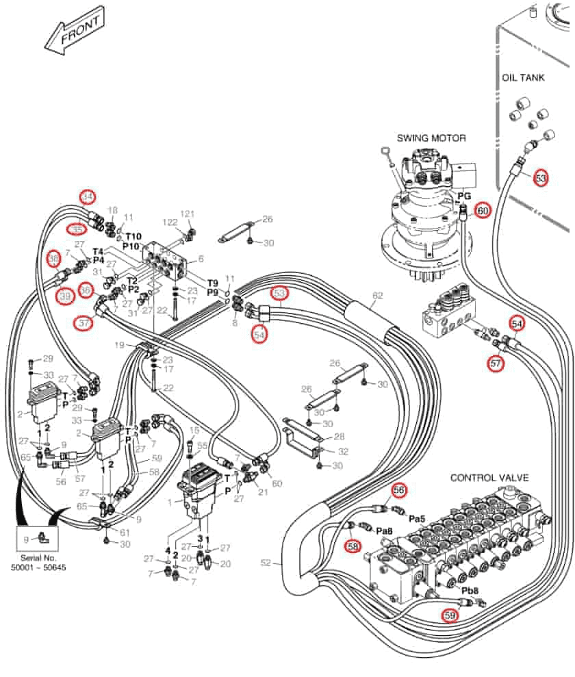 Doosan DX80R installation diagram showing hydraulic hose DS2093107 at Pipe No. 60