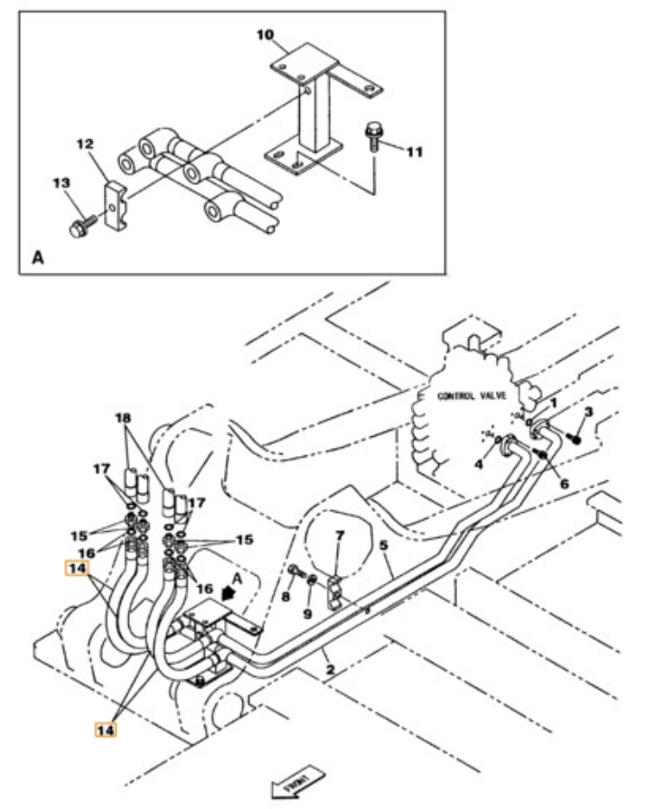 Case CX240 installation diagram showing hydraulic hose KRJ5760 at Pipe No. 14