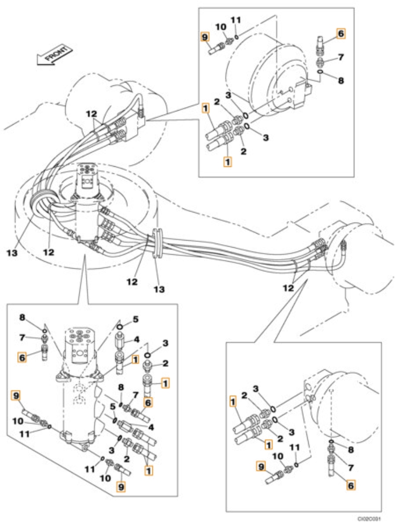 Case CX460 installation diagram showing hydraulic hose KBA1163 at Pipe No. 9