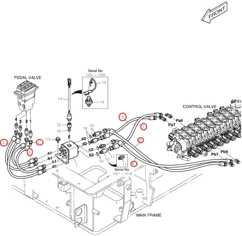 Doosan DX85R-3 installation diagram showing hydraulic hose DS2093115 at Pipe No. 8