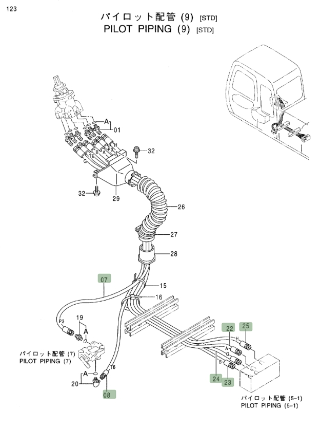 Hitachi EX270LC-5 installation diagram showing hydraulic hose 4345999 at Pipe No. 22