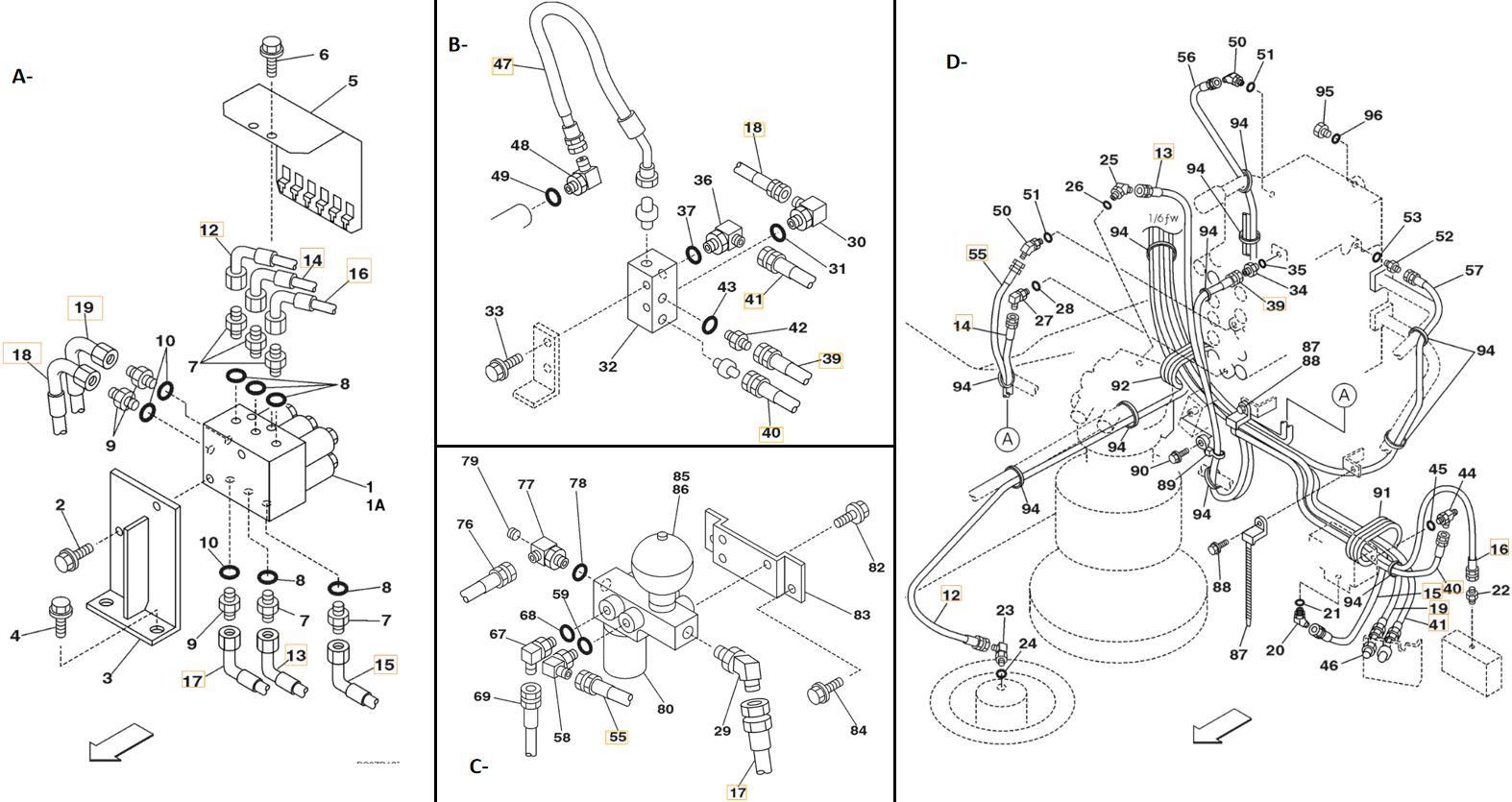 Case CX290 installation diagram showing hydraulic hose 157203A1 at Pipe No. C55-D55