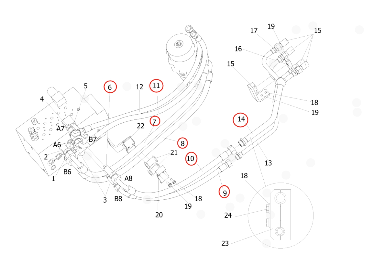 Sunward SWE155E installation diagram showing hydraulic hose 73050200A679 at Pipe No. 8