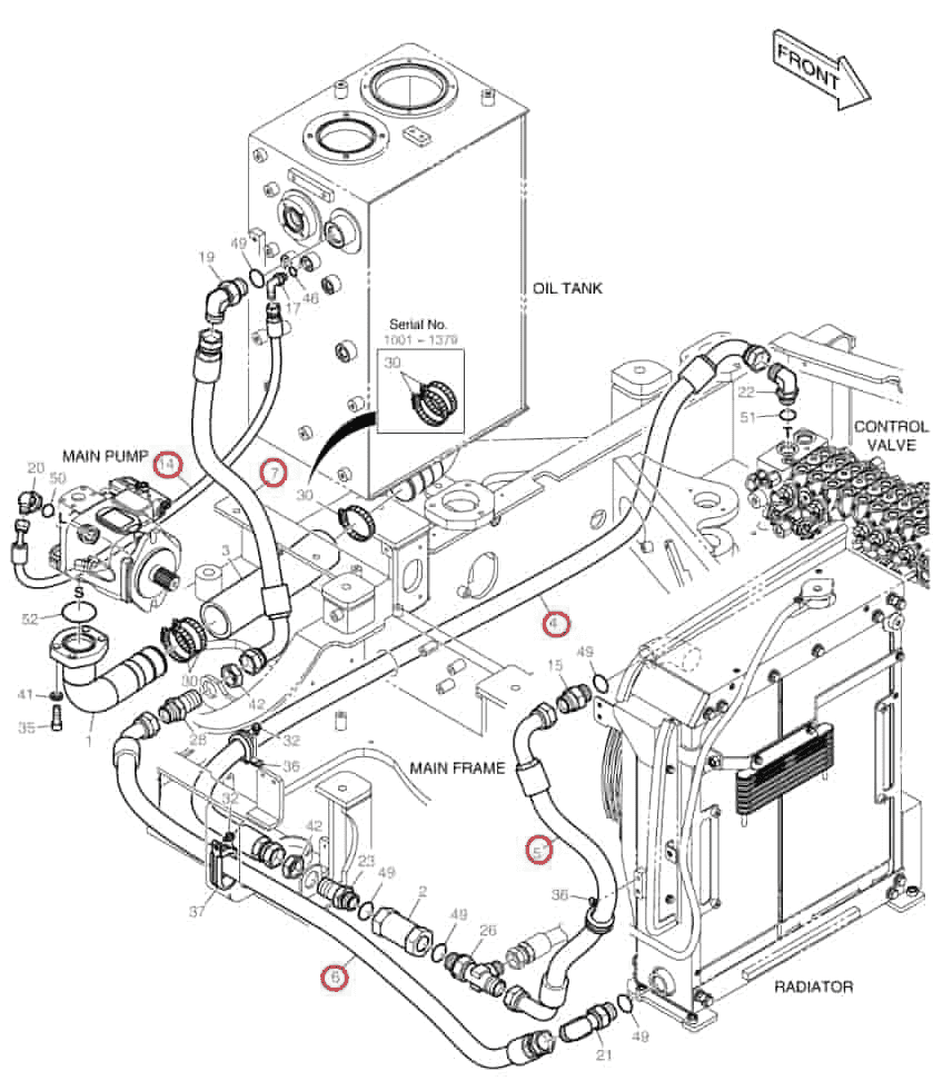 Doosan DX63-3 installation diagram showing hydraulic hose DS2062026 at Pipe No. 7