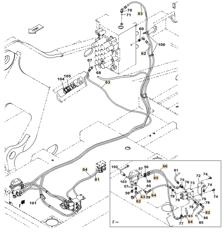 Case CX220B installation diagram showing hydraulic hose KHJ2086 at Pipe No. 84