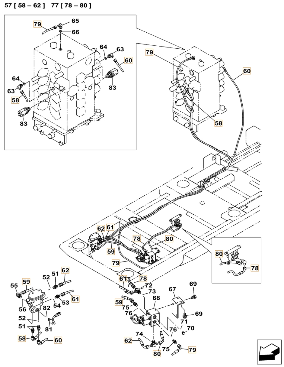 Case CX500C installation diagram showing hydraulic hose KHJ14650 at Pipe No. 59