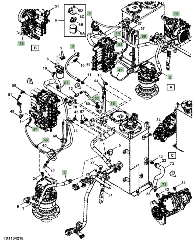 Hitachi ZX85USB-5N installation diagram showing hydraulic hose 4636420 at Pipe No. 9