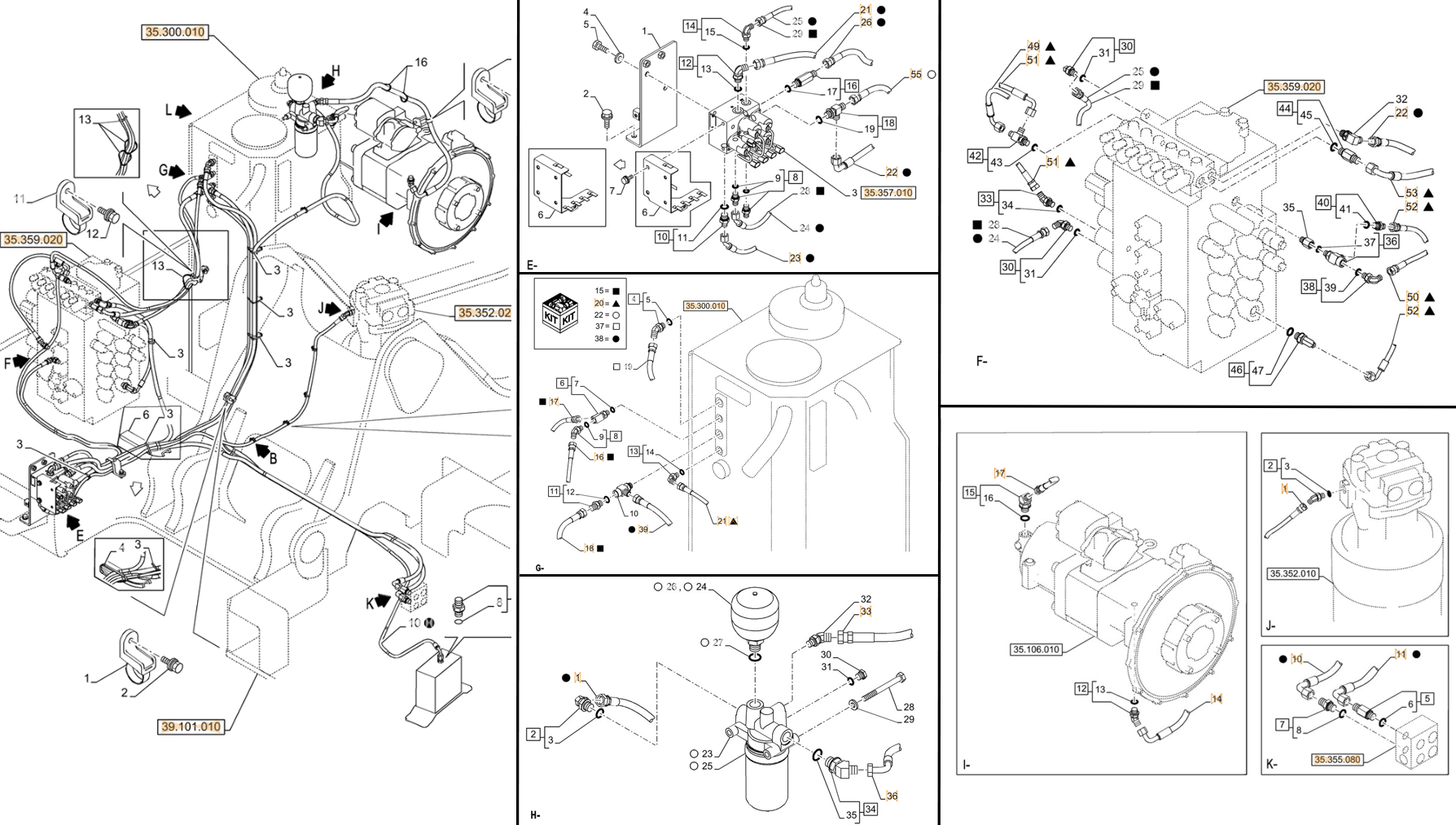 Case CX245D SR installation diagram showing hydraulic hose KHJ11570 at Pipe No. E22-F22