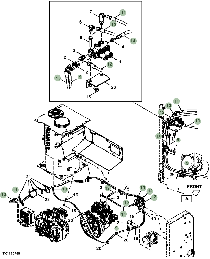 Hitachi ZX230W-5N installation diagram showing hydraulic hose 4649318 at Pipe No. 11
