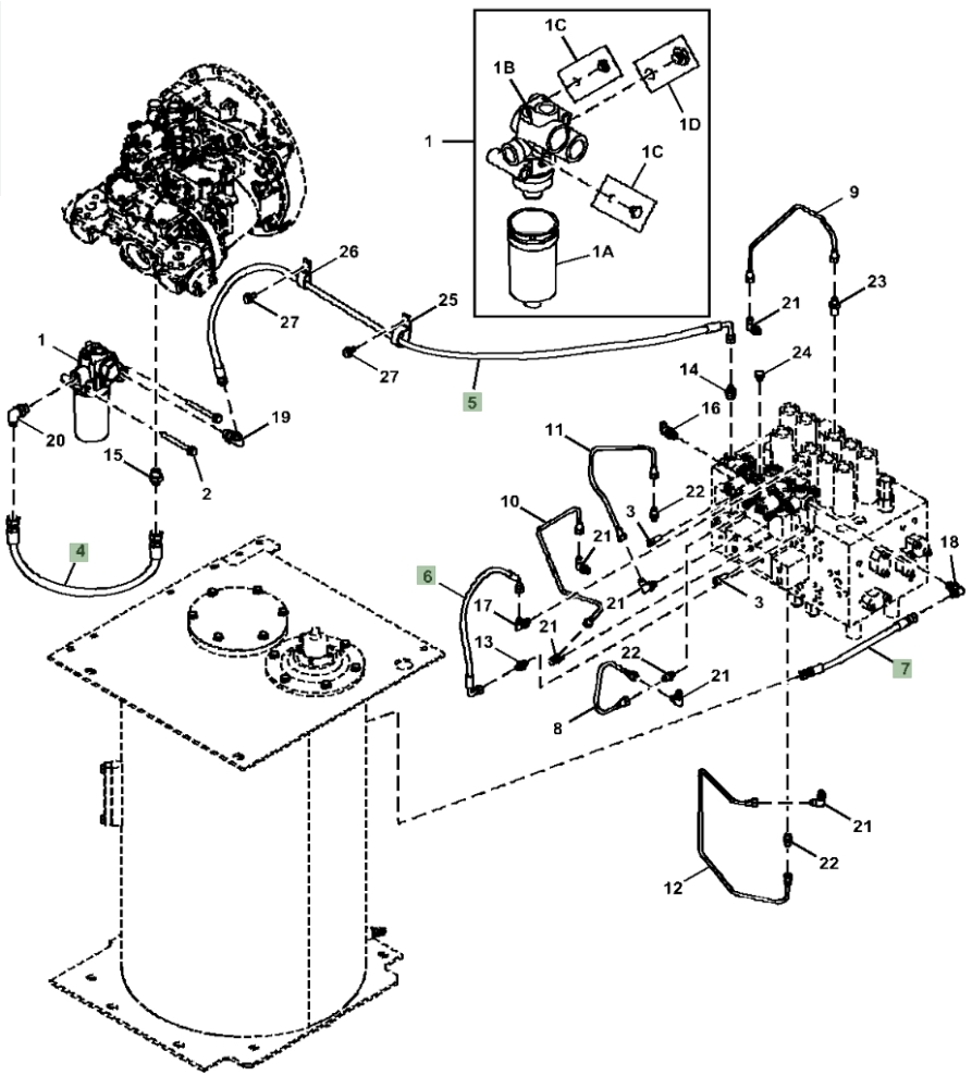 Hitachi ZX290LC-5G installation diagram showing hydraulic hose 4643029 at Pipe No. 6