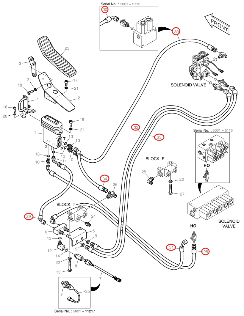 Doosan DX140W installation diagram showing hydraulic hose DS2092030 at Pipe No. 32