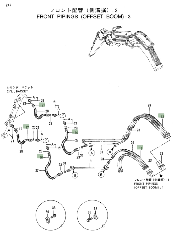 Hitachi EX100M-3 installation diagram showing hydraulic hose 4285799 at Pipe No. 17