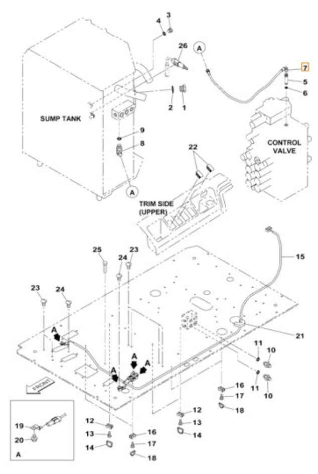 Case CX230B installation diagram showing hydraulic hose KHJ2249 at Pipe No. 7