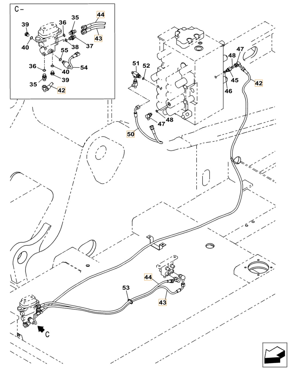 Case CX210C installation diagram showing hydraulic hose KHJ2092 at Pipe No. 43