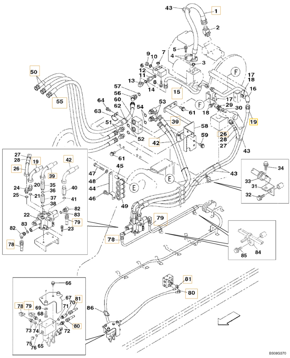 Case CX470B installation diagram showing hydraulic hose KHJ11480 at Pipe No. 78