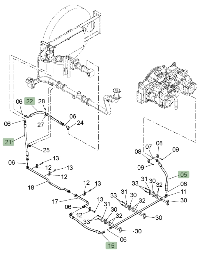 Hitachi ZX650LC-3 installation diagram showing hydraulic hose 4644381 at Pipe No. 21