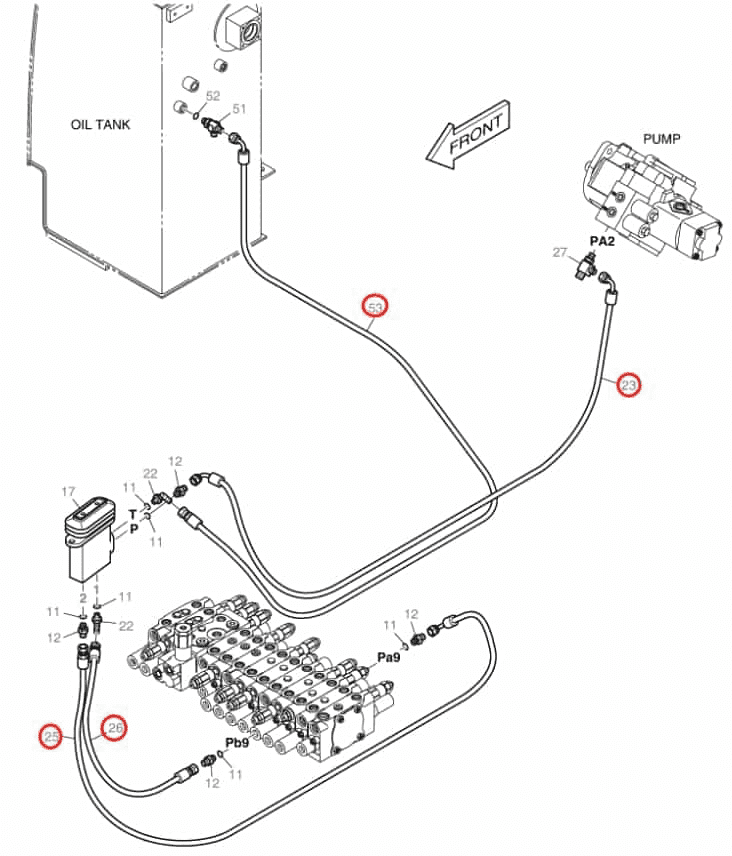 Doosan DX55 installation diagram showing hydraulic hose DS2093181 at Pipe No. 53