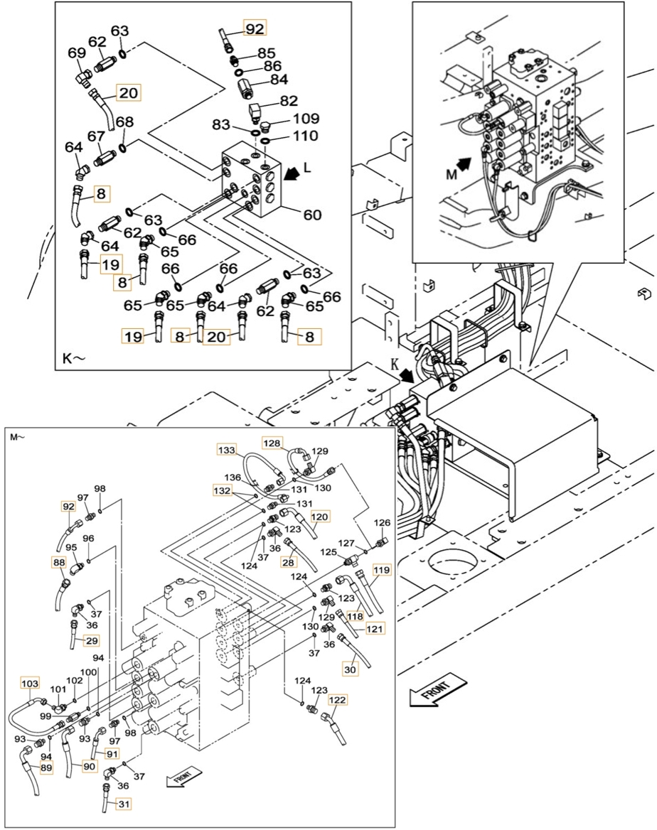 Case CX370B installation diagram showing hydraulic hose KHJ2084 at Pipe No. 128