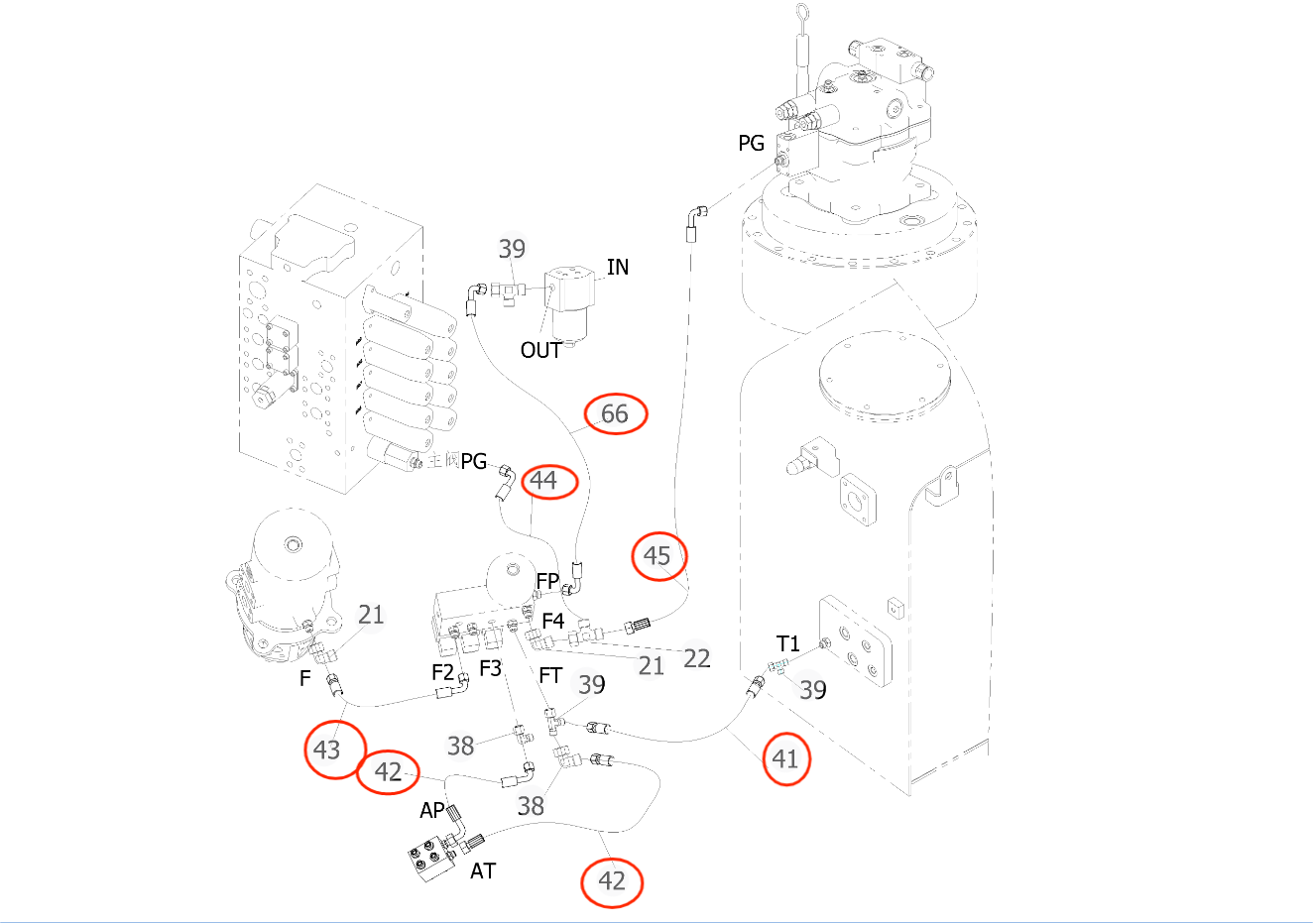 Sunward SWE135E-3H installation diagram showing hydraulic hose 730503001918 at Pipe No. 45