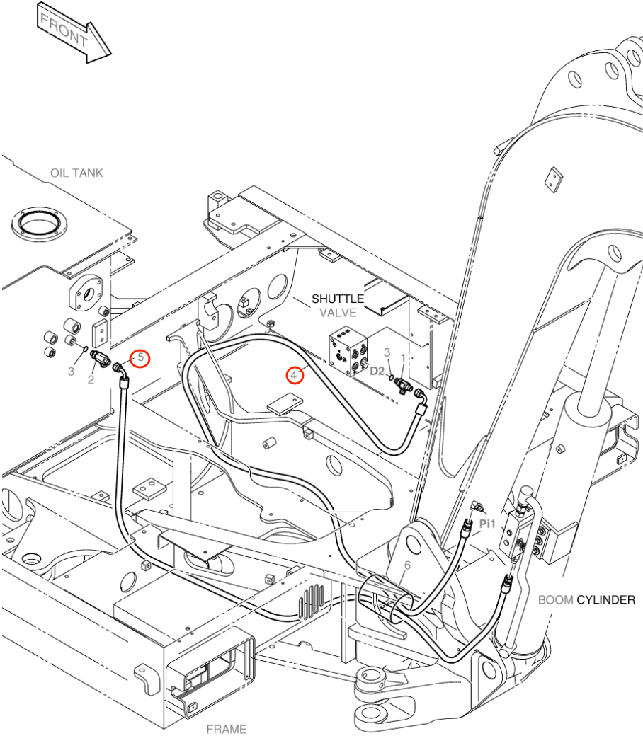 Doosan B55W-2 installation diagram showing hydraulic hose DS2093573 at Pipe No. 5