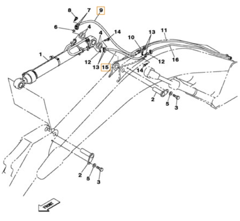 Case CX470C installation diagram showing hydraulic hose KTV13280 at Pipe No. 15