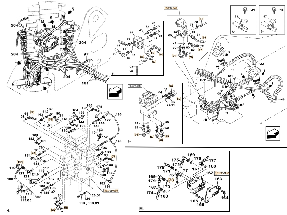 Case CX145C SR installation diagram showing hydraulic hose KHJ2198 at Pipe No. 74