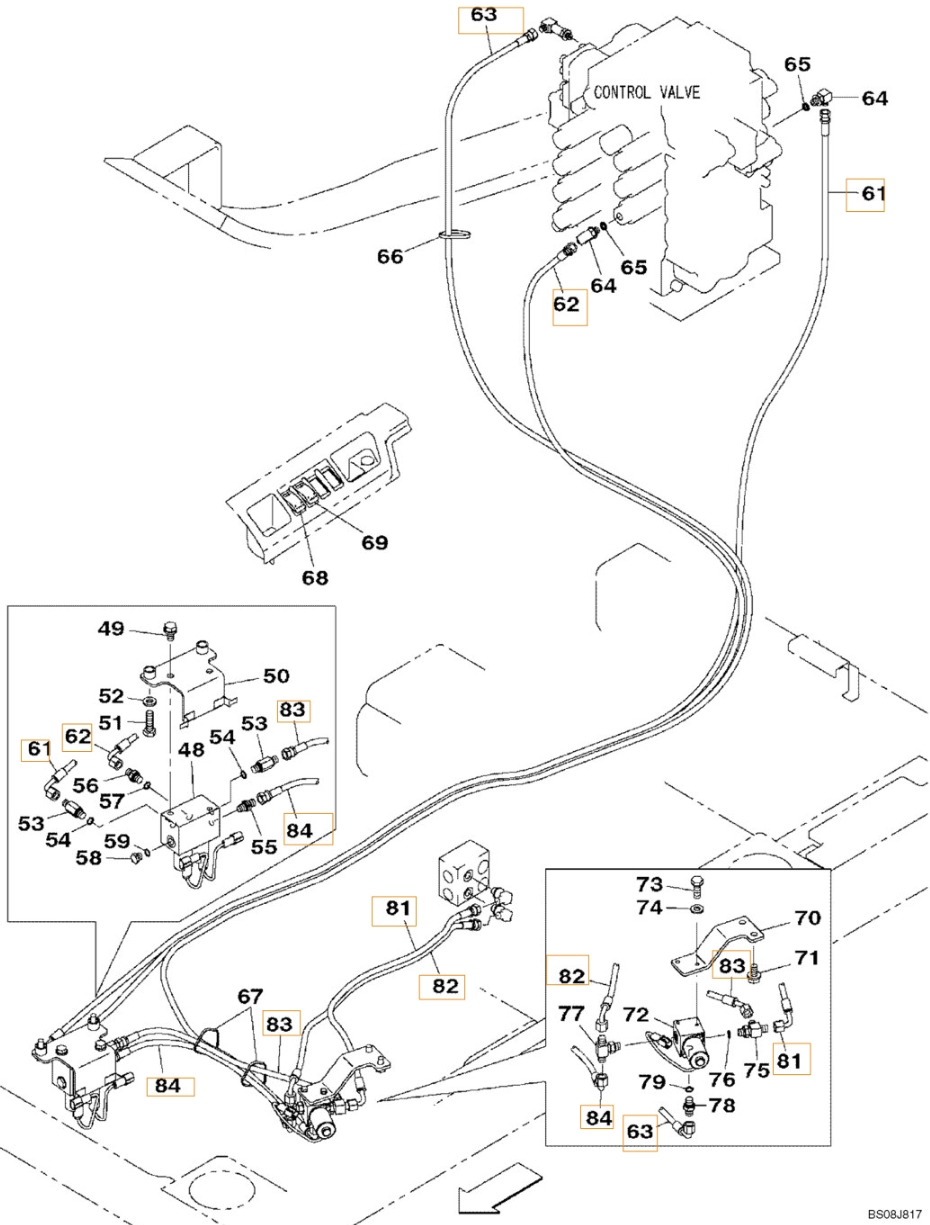 Case CX800B installation diagram showing hydraulic hose KHJ2086 at Pipe No. 81
