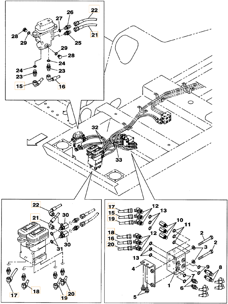 Case CX290B installation diagram showing hydraulic hose KHJ2181 at Pipe No. 17