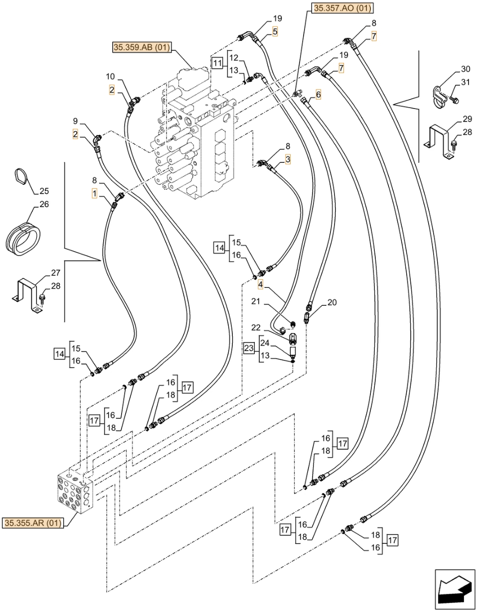 Case CX370D LC installation diagram showing hydraulic hose KHJ2381 at Pipe No. 2