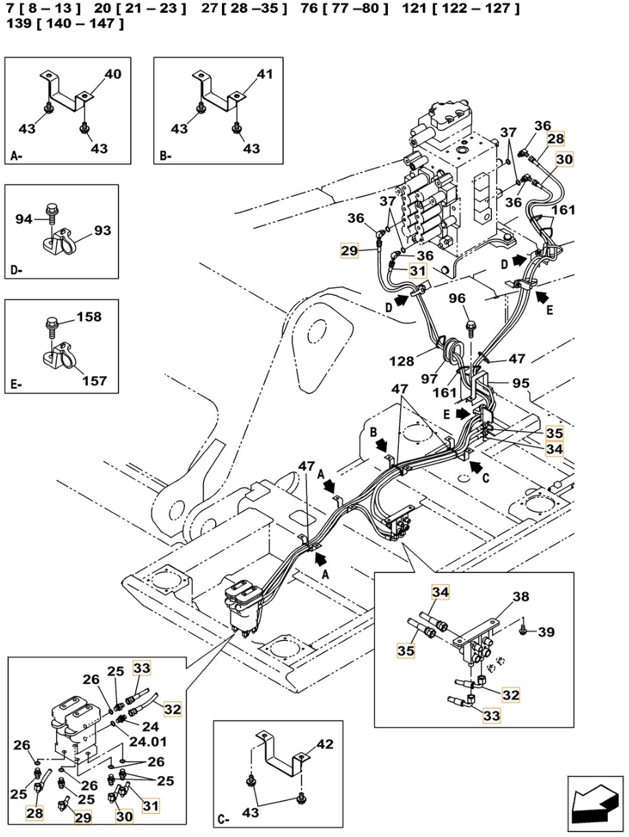Case CX370C LC installation diagram showing hydraulic hose KHJ2581 at Pipe No. 29