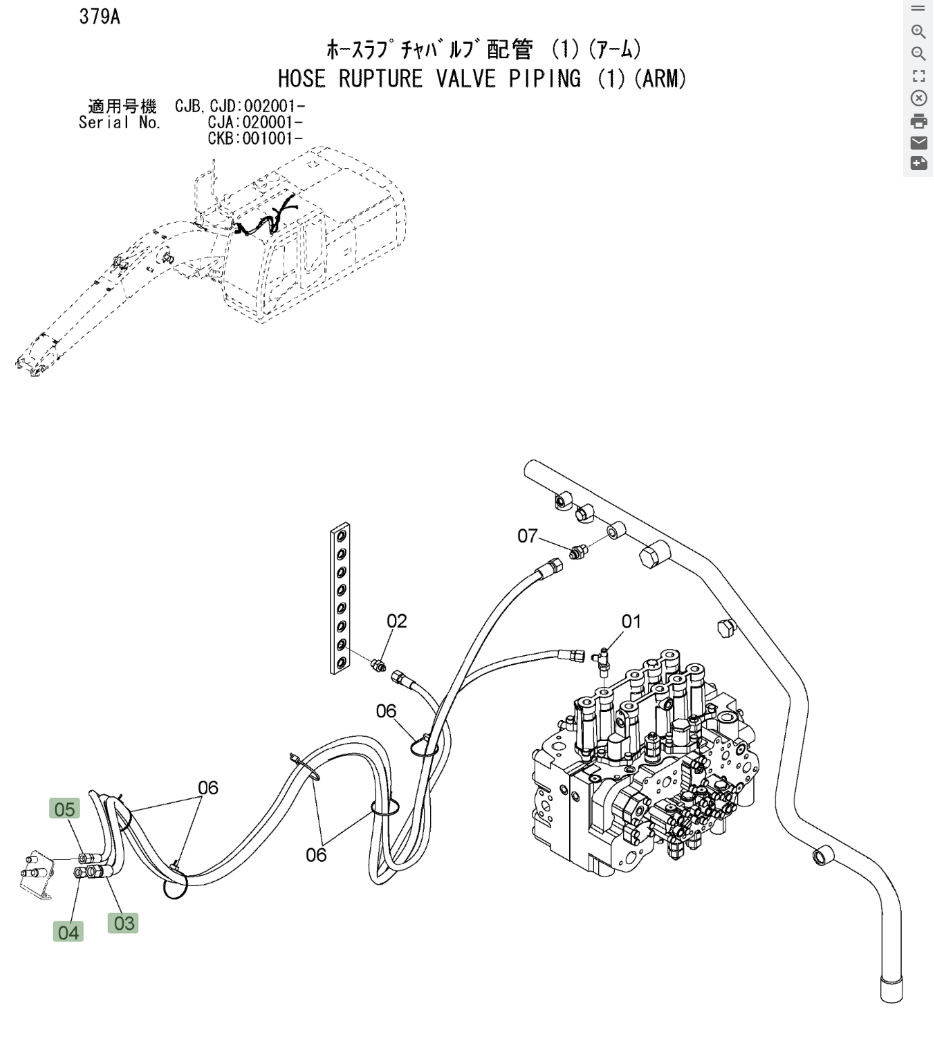 Hitachi ZX220W-3 installation diagram showing hydraulic hose 4674168 at Pipe No. 4A