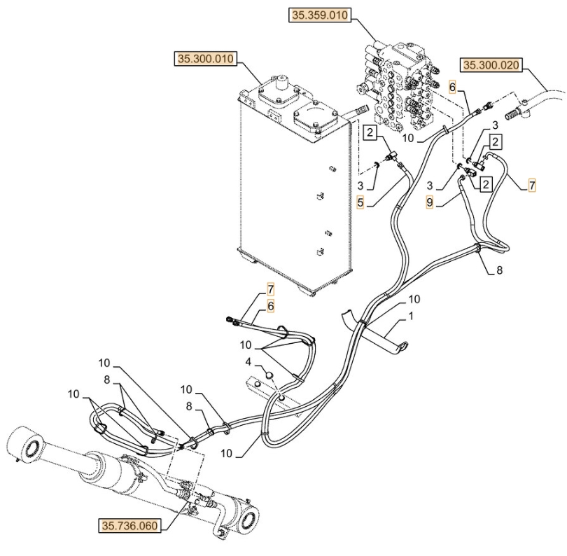Case CX90D installation diagram showing hydraulic hose KHJ2195 at Pipe No. 5