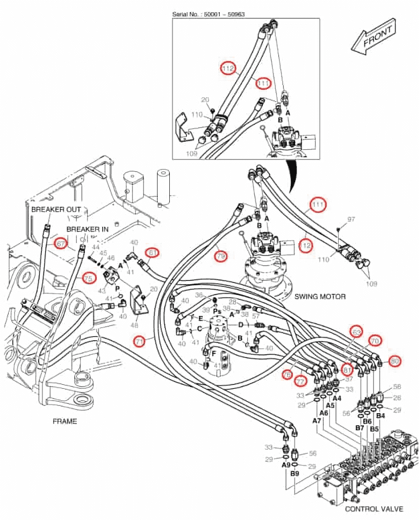 Doosan DX80R installation diagram showing hydraulic hose DS2090097 at Pipe No. 76