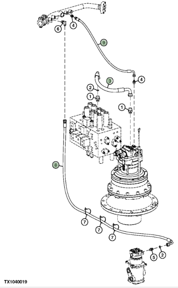 Hitachi ZX210F-3 installation diagram showing hydraulic hose 4636895 at Pipe No. 8